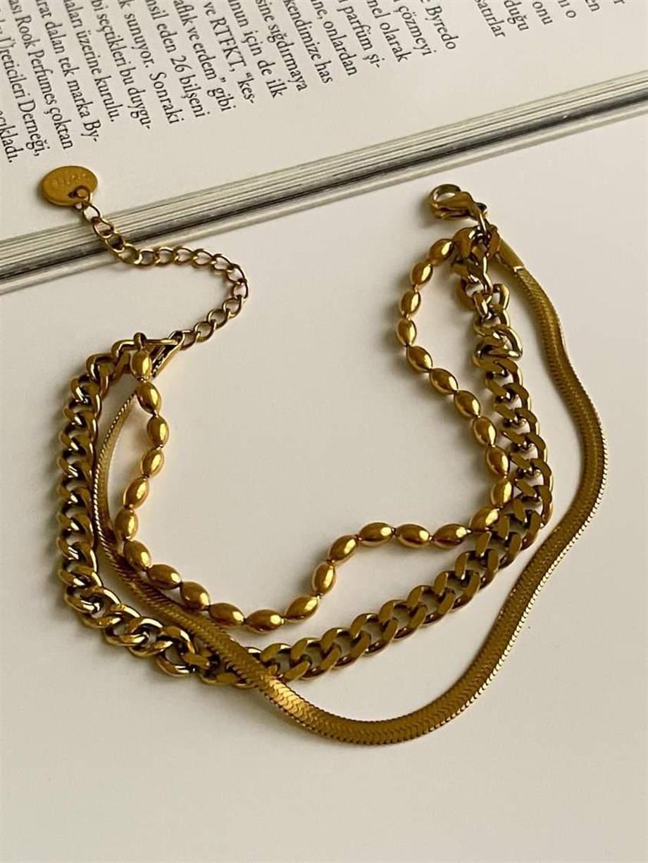 Çelik Oval Topçuklu Üçlü Birleşik Kombin Bileklik (21 Cm)