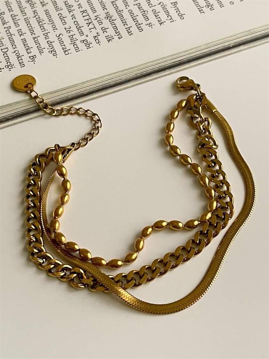 Çelik Oval Topçuklu Üçlü Birleşik Kombin Bileklik (21 Cm)