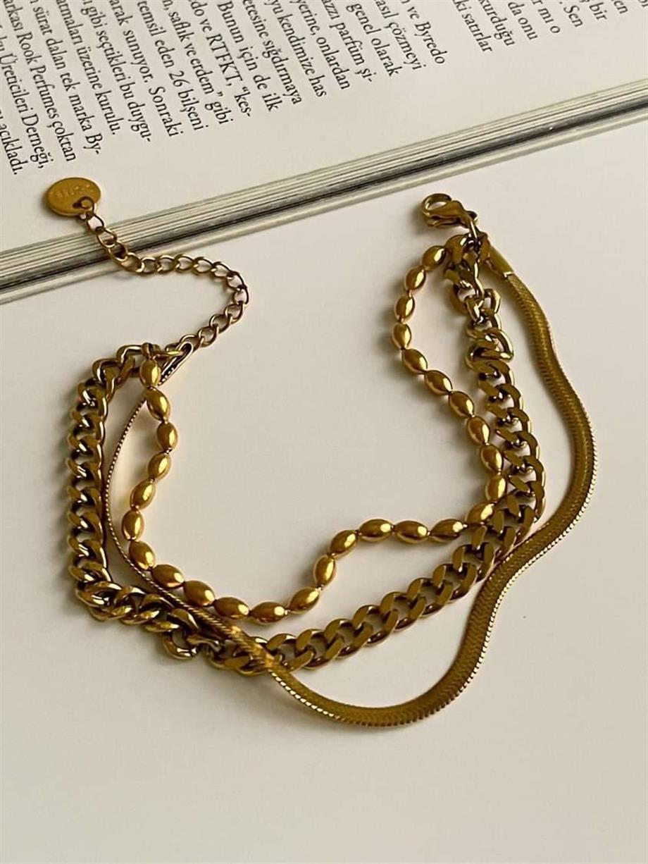 Çelik Oval Topçuklu Üçlü Birleşik Kombin Bileklik (21 Cm)
