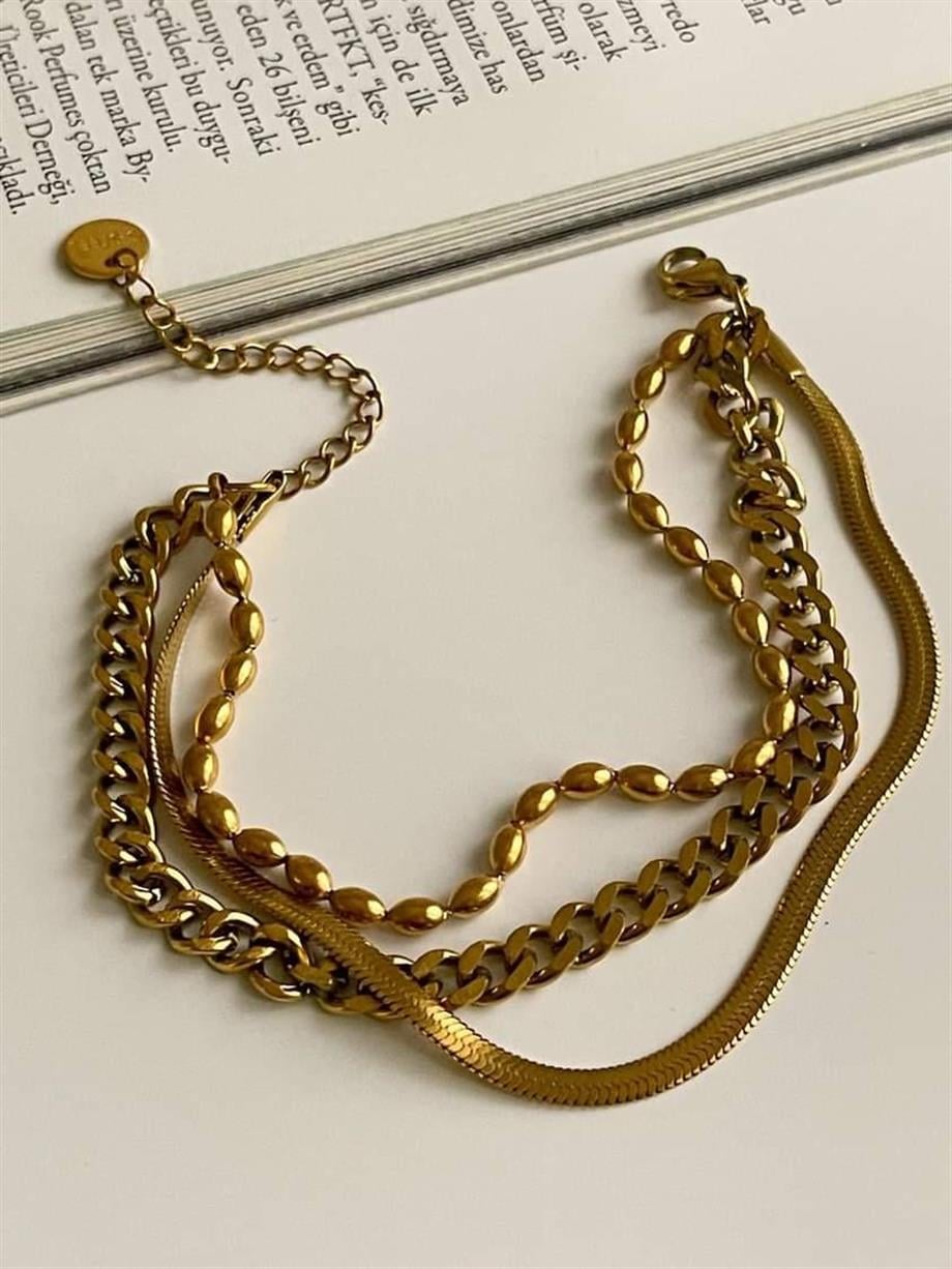Çelik Oval Topçuklu Üçlü Birleşik Kombin Bileklik (21 Cm)