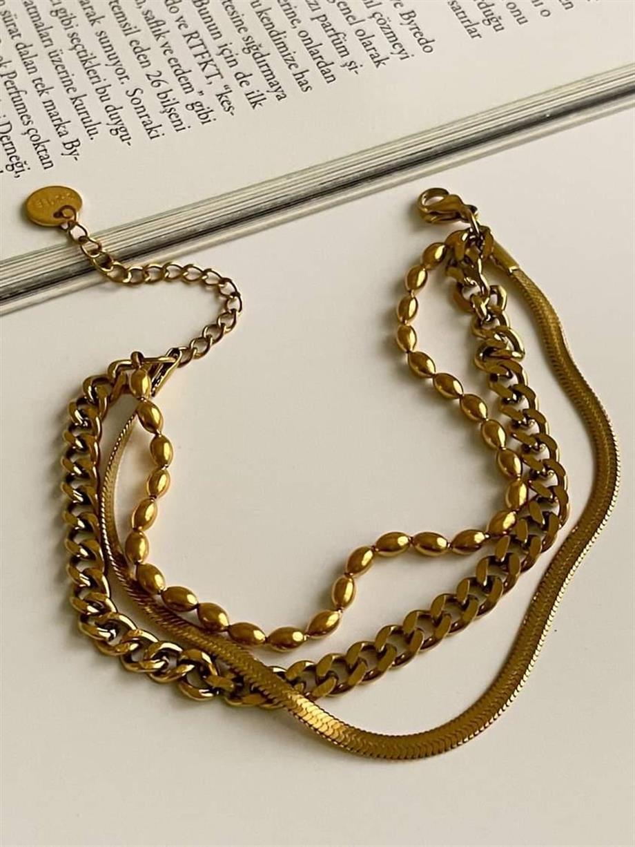 Çelik Oval Topçuklu Üçlü Birleşik Kombin Bileklik (21 Cm)