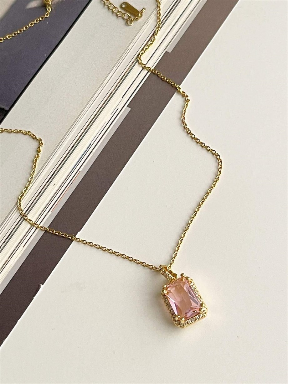 Çelik Pembe Baget Taşlı Kolye (46 Cm)