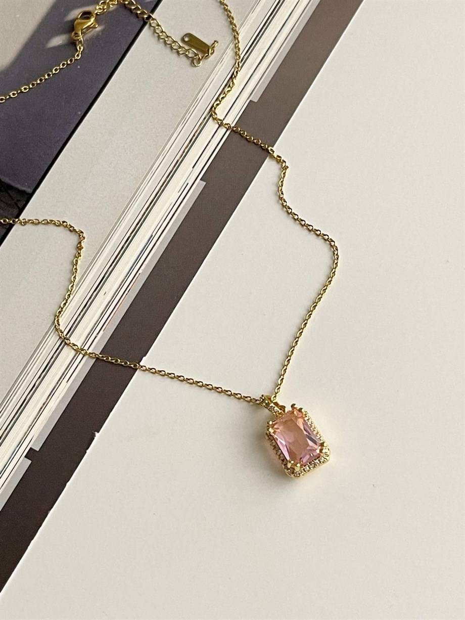 Çelik Pembe Baget Taşlı Kolye (46 Cm)