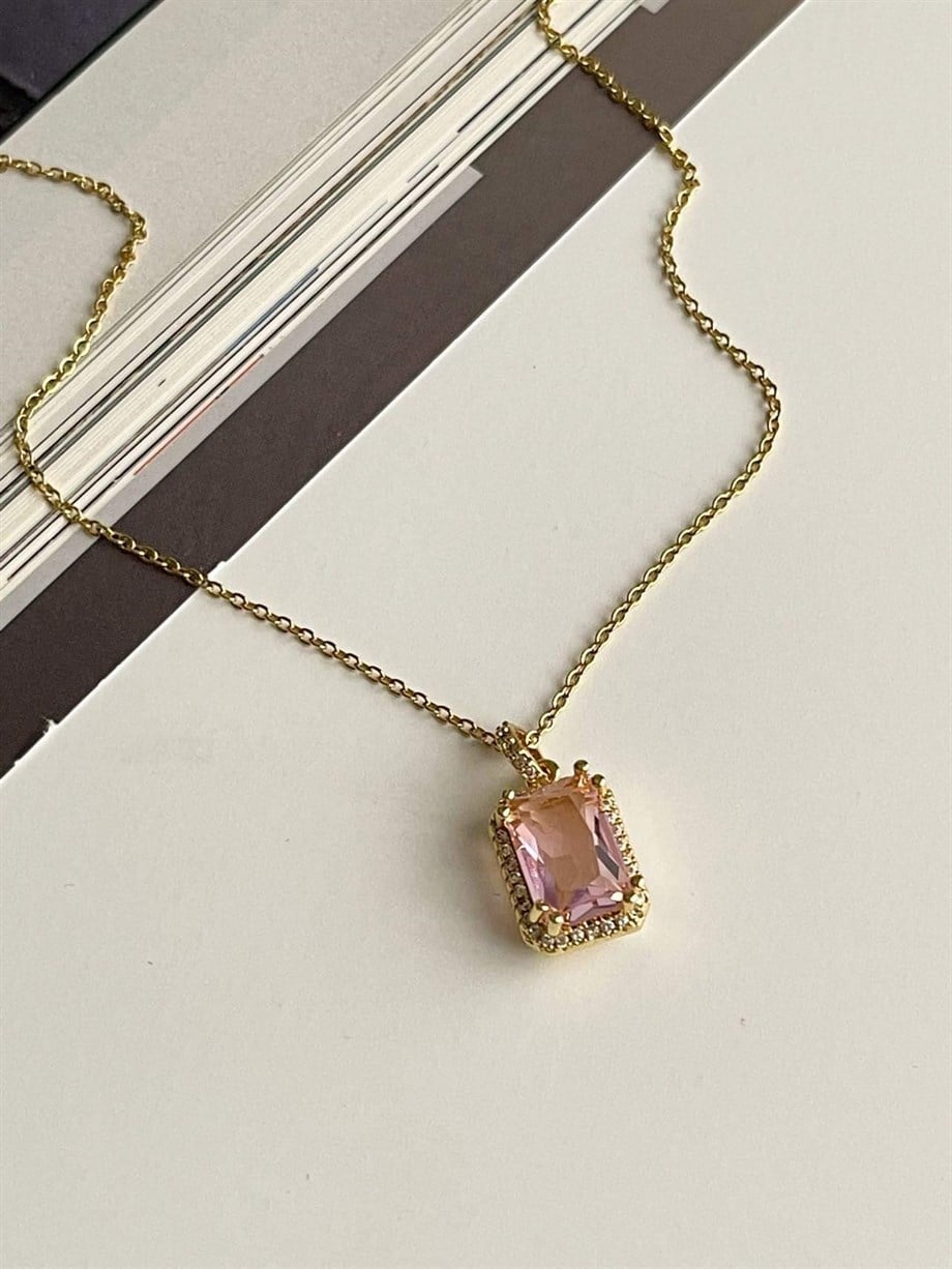 Çelik Pembe Baget Taşlı Kolye (46 Cm)