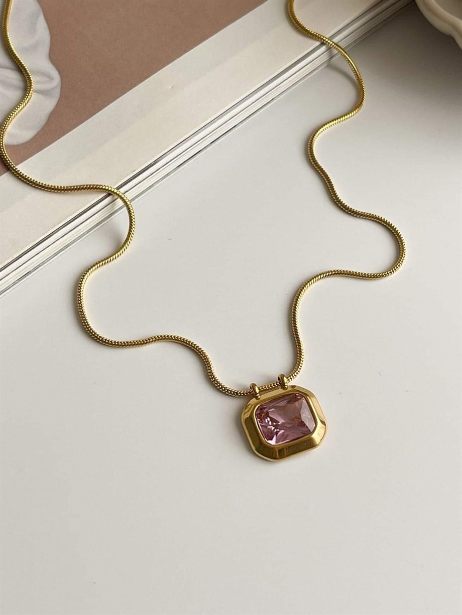 Çelik Pembe Baget Taşlı Kolye (47 Cm)