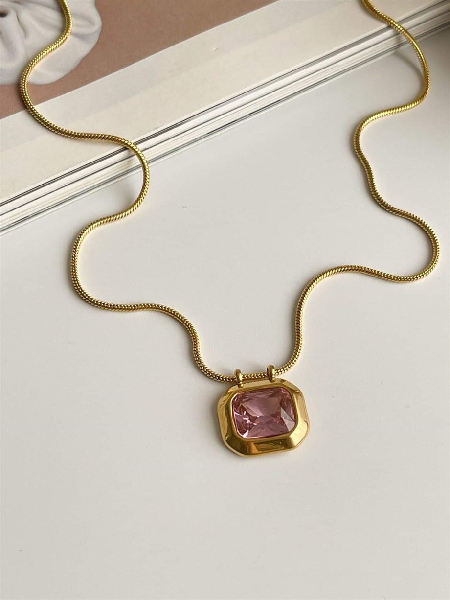 Çelik Pembe Baget Taşlı Kolye (47 Cm)