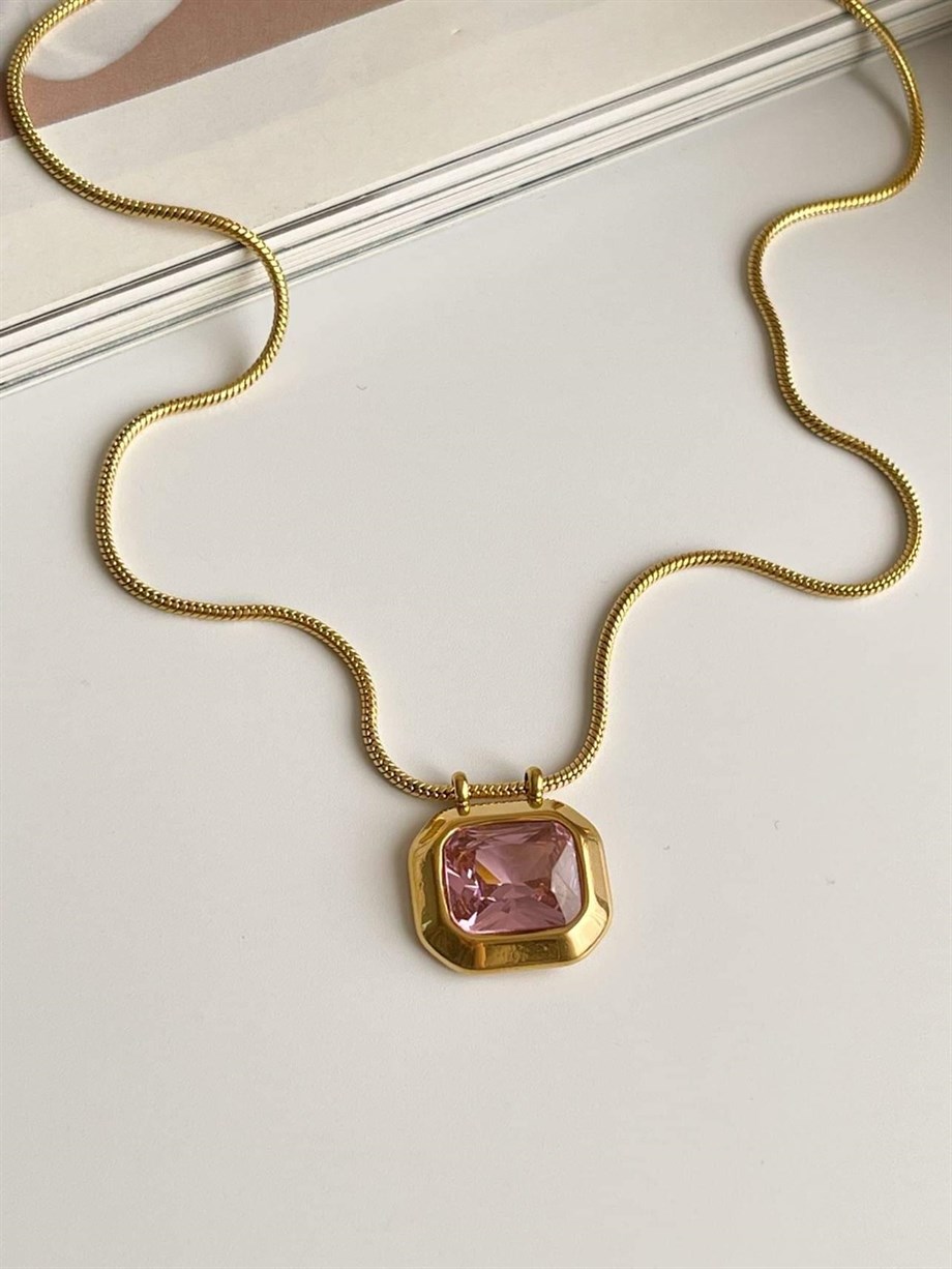 Çelik Pembe Baget Taşlı Kolye (47 Cm)