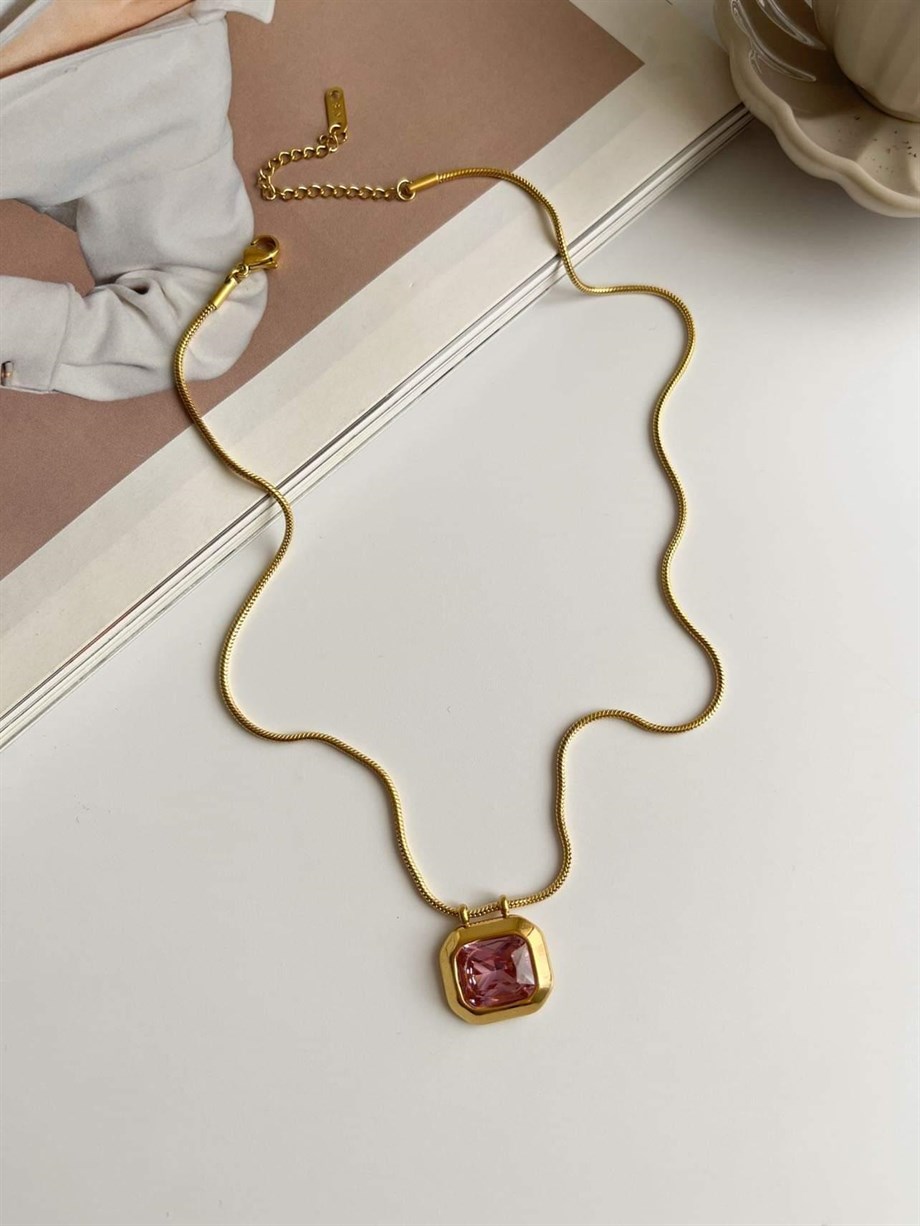Çelik Pembe Baget Taşlı Kolye (47 Cm)