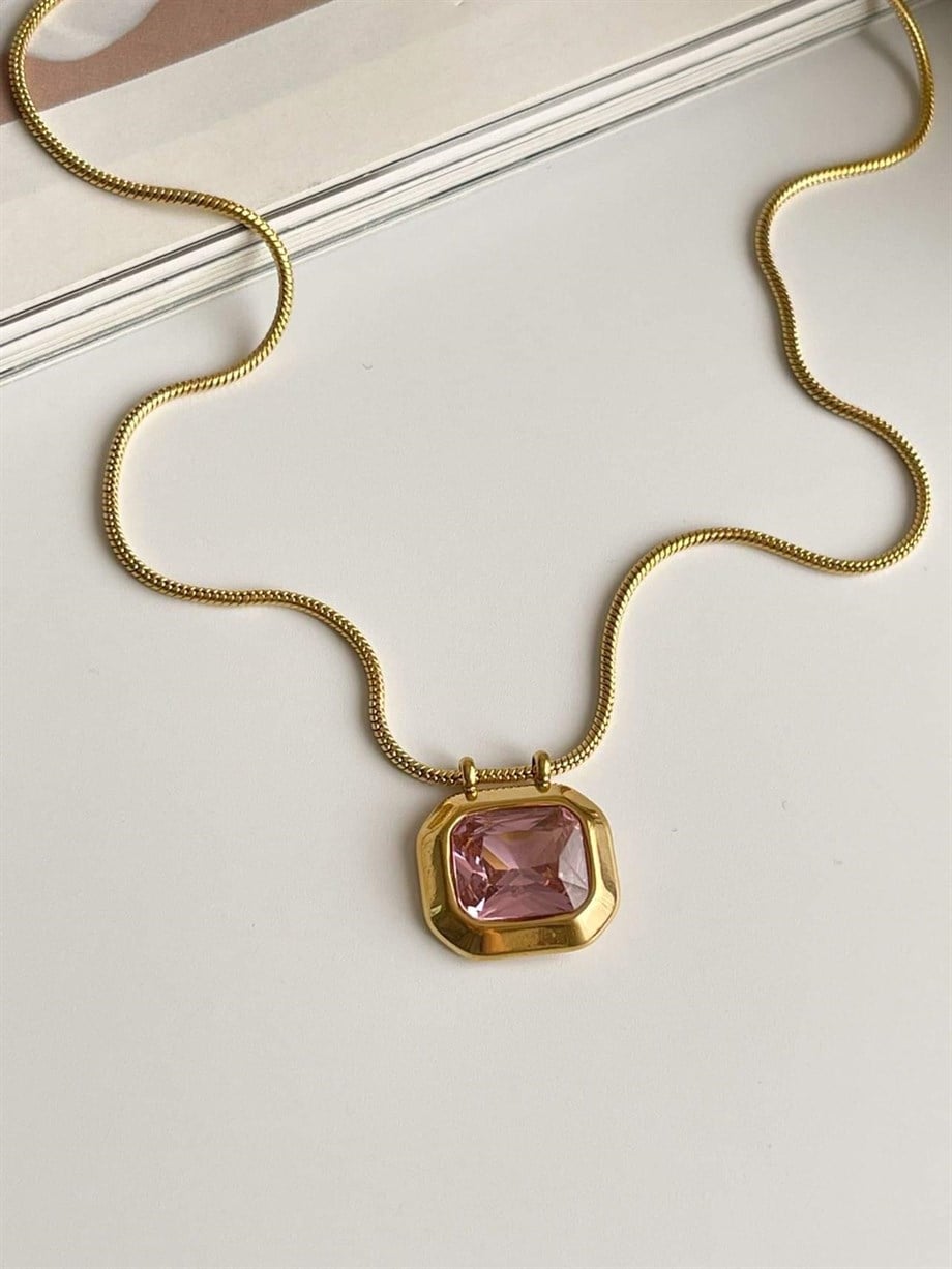 Çelik Pembe Baget Taşlı Kolye (47 Cm)