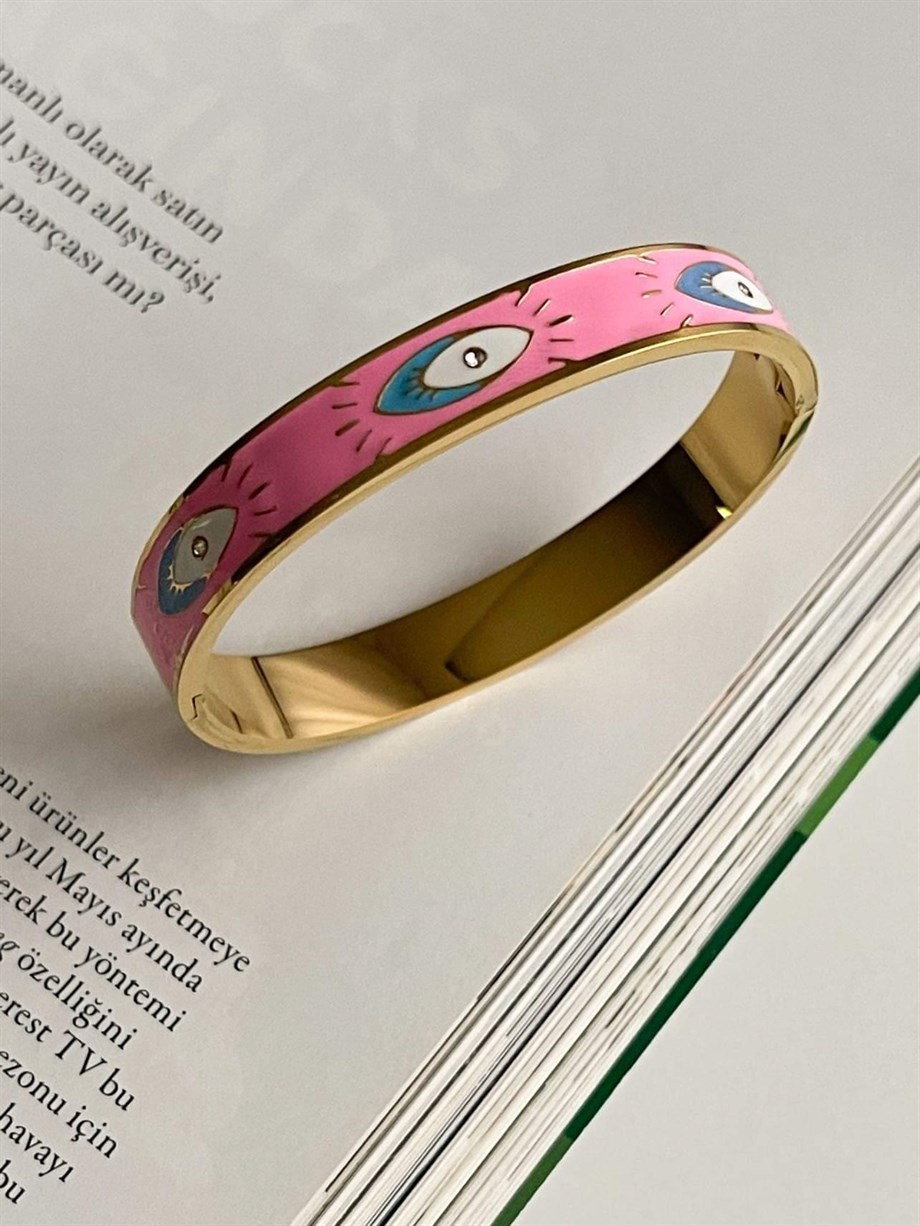 Çelik Pembe Göz Detaylı Kelepçe Bileklik (6.20 Cm)