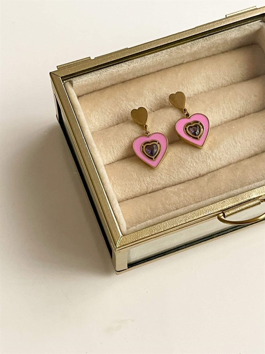 Çelik Pembe Kalp Küpe (2.60 Cm)
