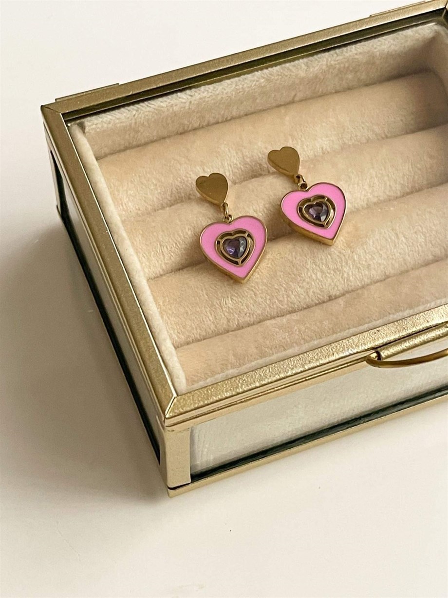 Çelik Pembe Kalp Küpe (2.60 Cm)
