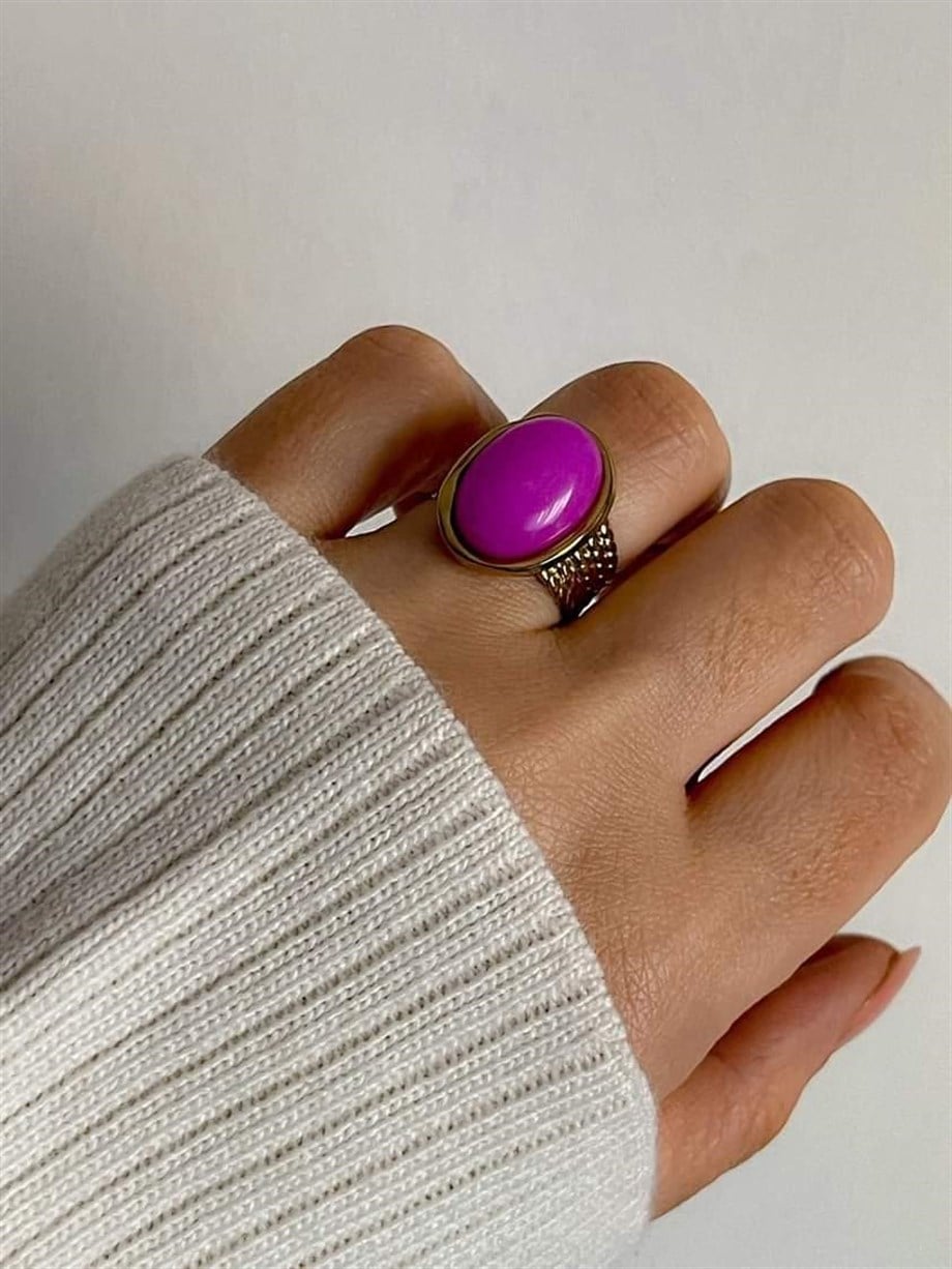 Çelik Pembe Taşlı Alttan Ayarlanabilir Yüzük 