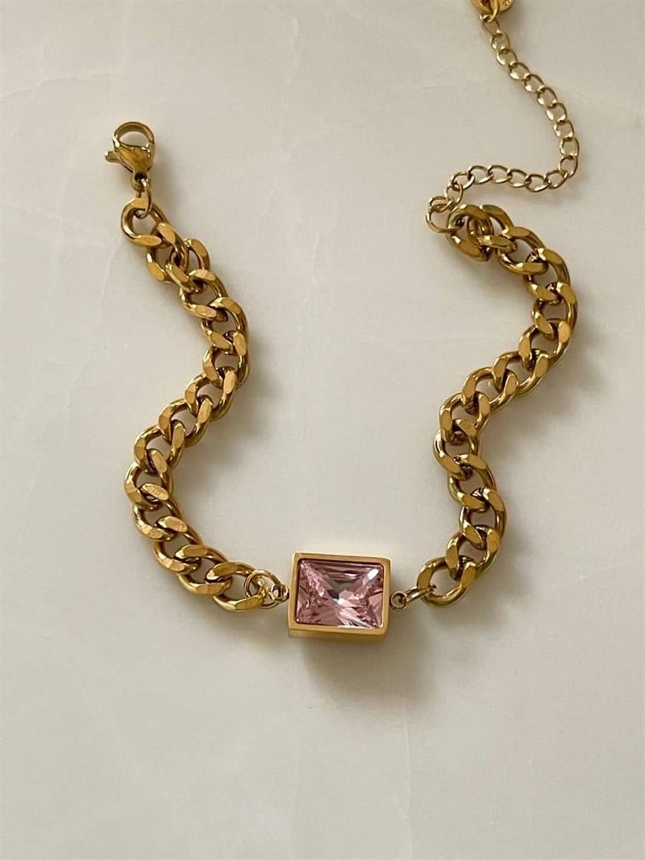 Çelik Pembe Taşlı Bileklik (22 Cm)