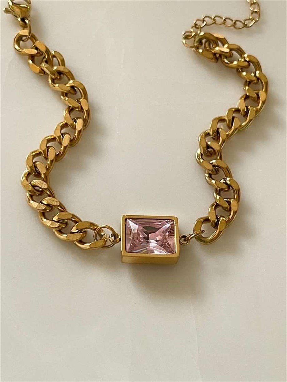 Çelik Pembe Taşlı Bileklik (22 Cm)