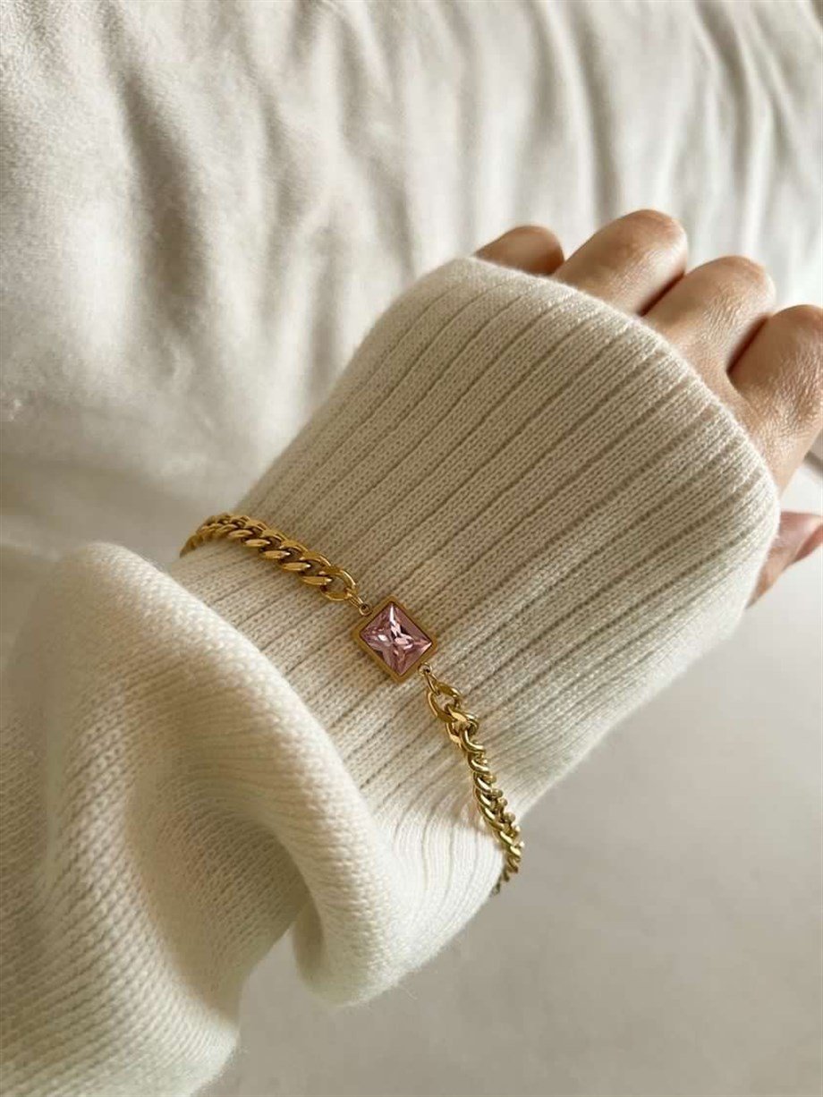 Çelik Pembe Taşlı Bileklik (22 Cm)