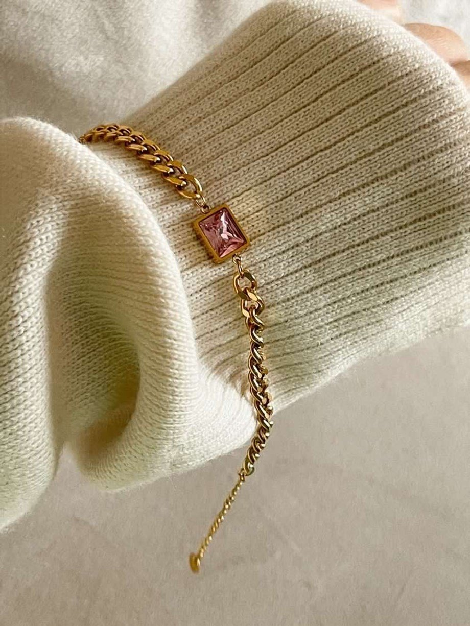 Çelik Pembe Taşlı Bileklik (22 Cm)