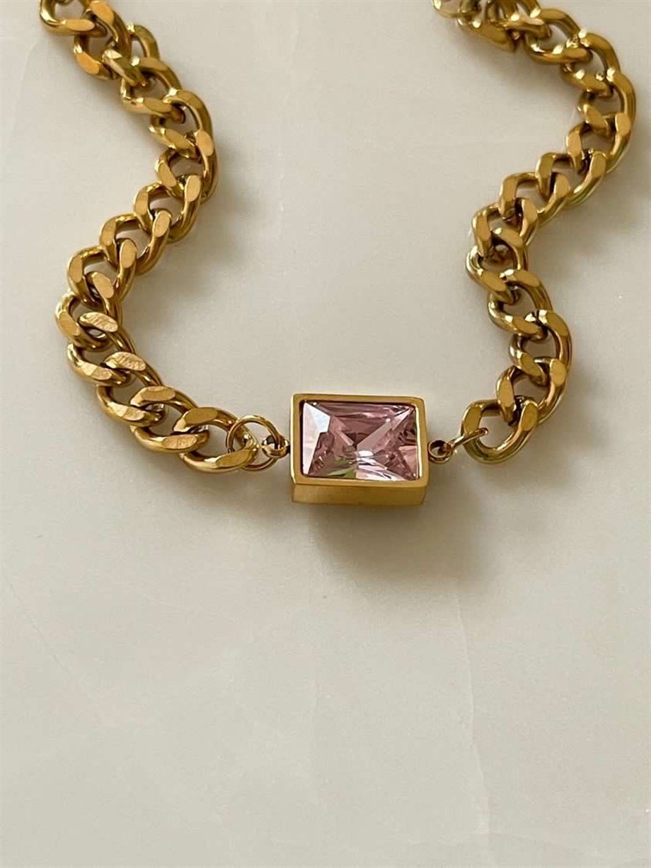 Çelik Pembe Taşlı Bileklik (22 Cm)