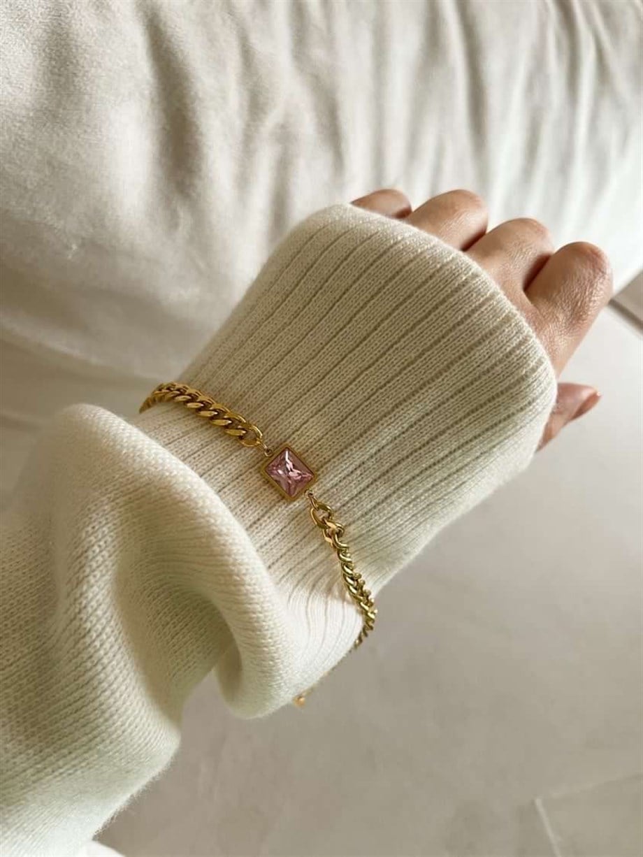 Çelik Pembe Taşlı Bileklik (22 Cm)