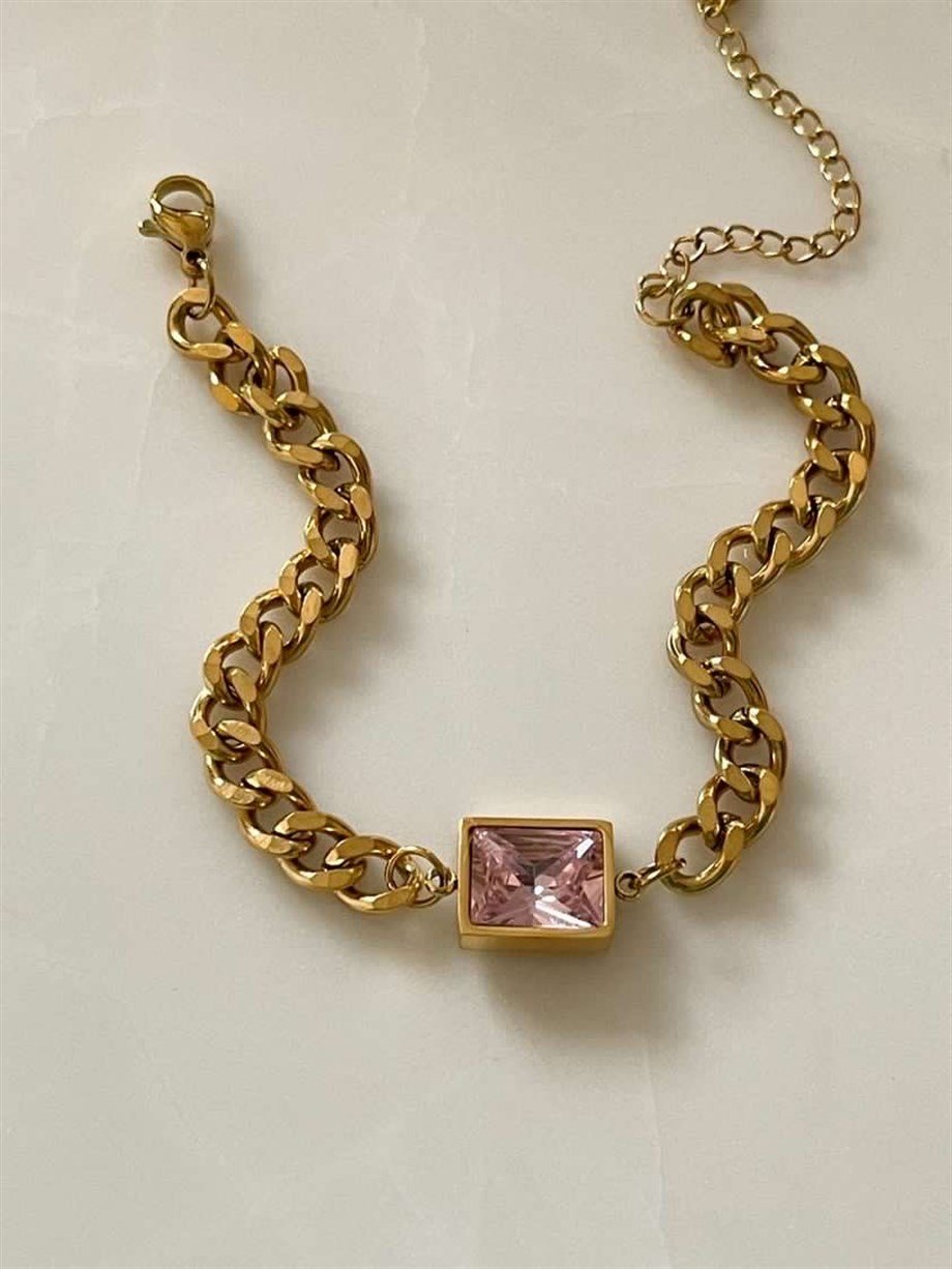 Çelik Pembe Taşlı Bileklik (22 Cm)