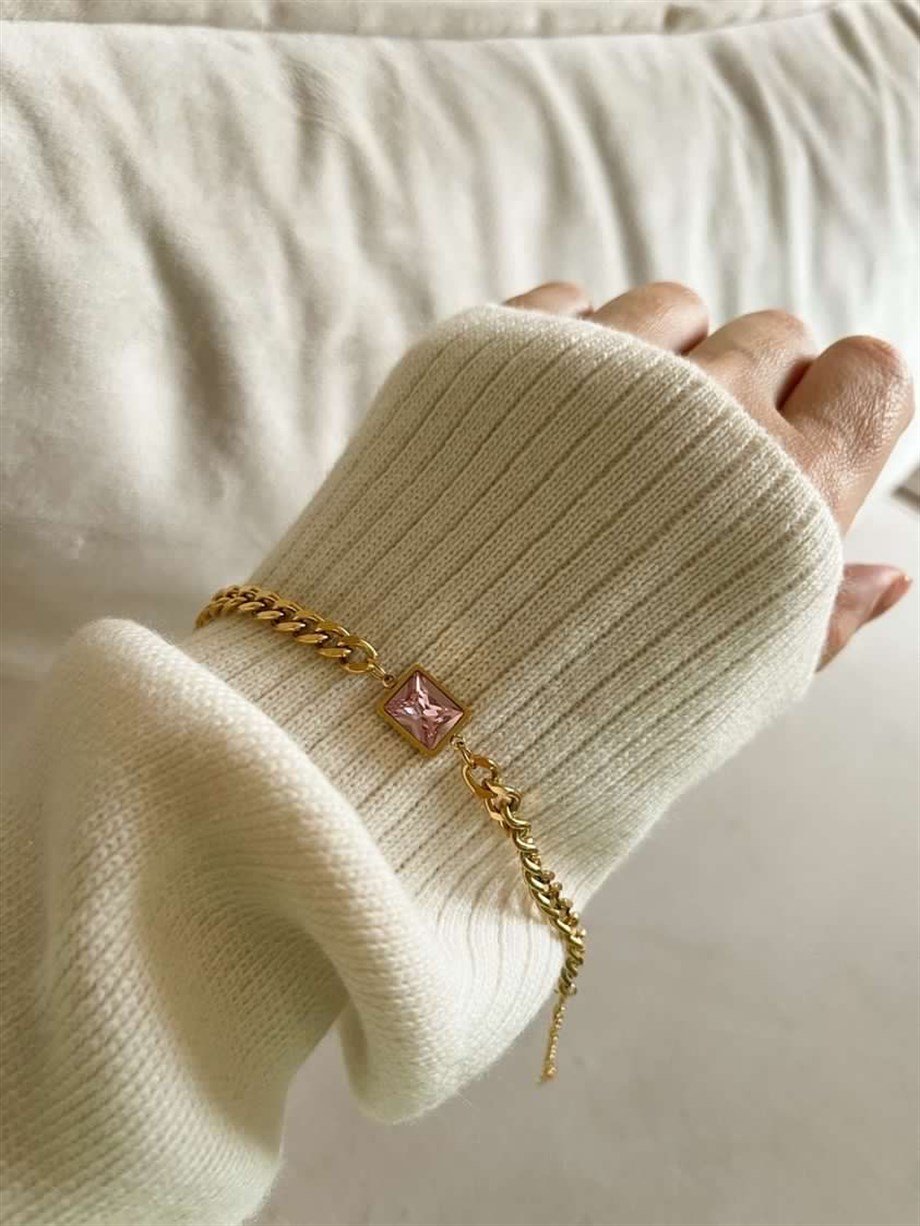 Çelik Pembe Taşlı Bileklik (22 Cm)