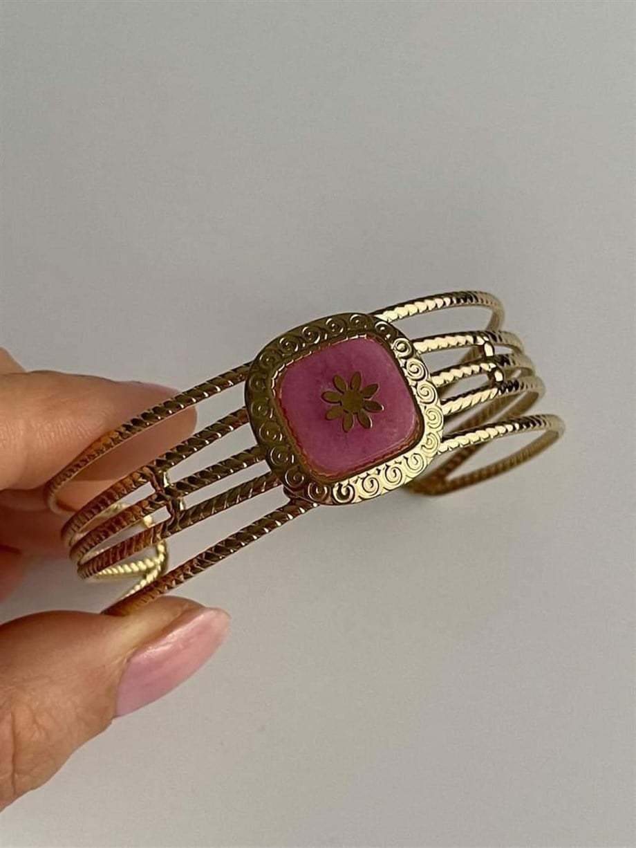 Çelik Pembe Taşlı Kelepçe Bileklik 