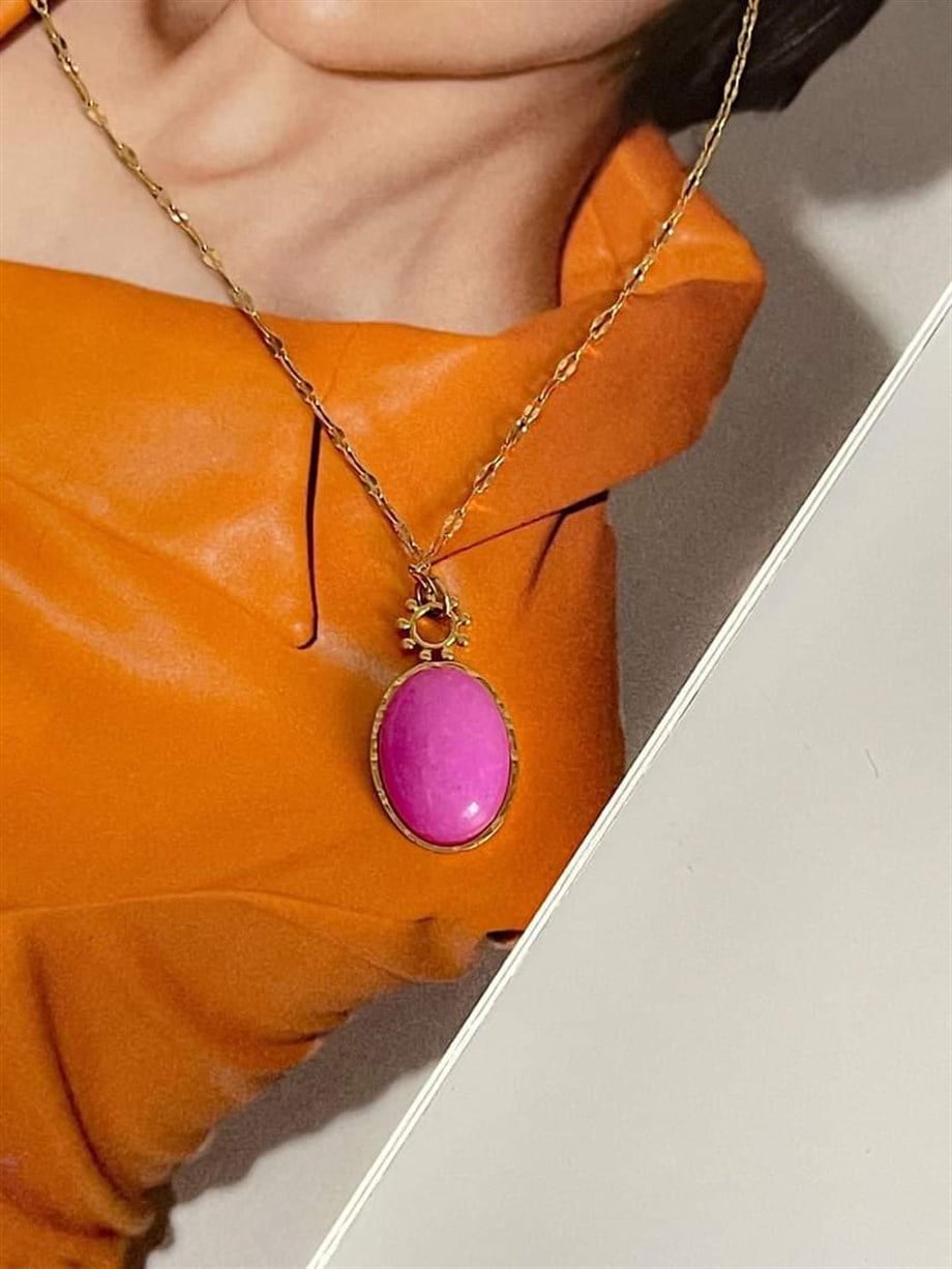 Çelik Pembe Taşlı Kolye (44 Cm)
