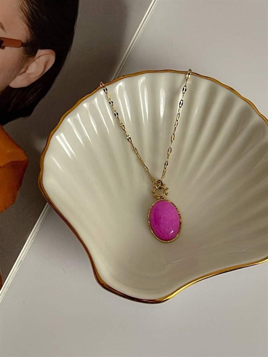 Çelik Pembe Taşlı Kolye (44 Cm)