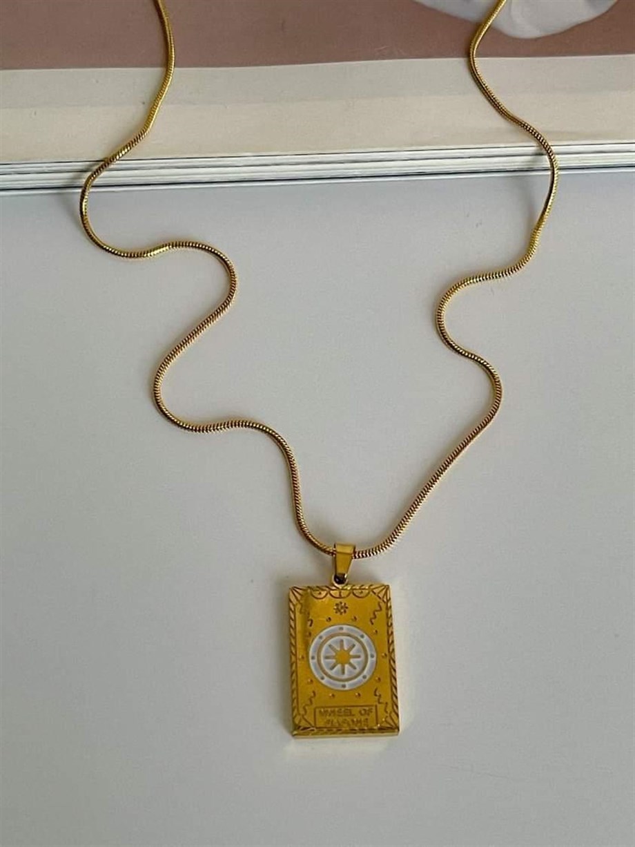 Çelik Pusula Figürlü Kare Plaka Madalyon Kolye (45 Cm)