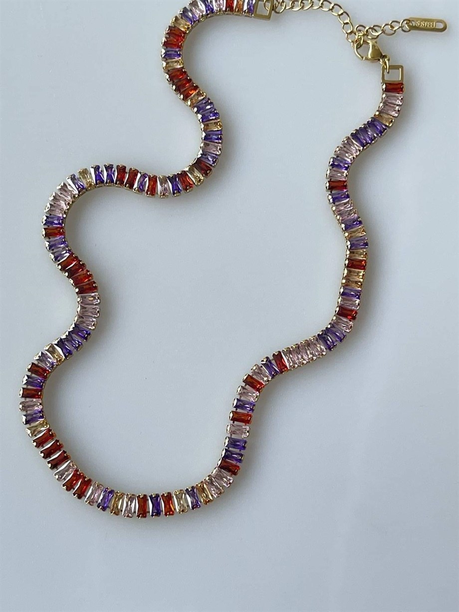 Çelik Renkli Baget Taşlı Kolye (47 Cm)