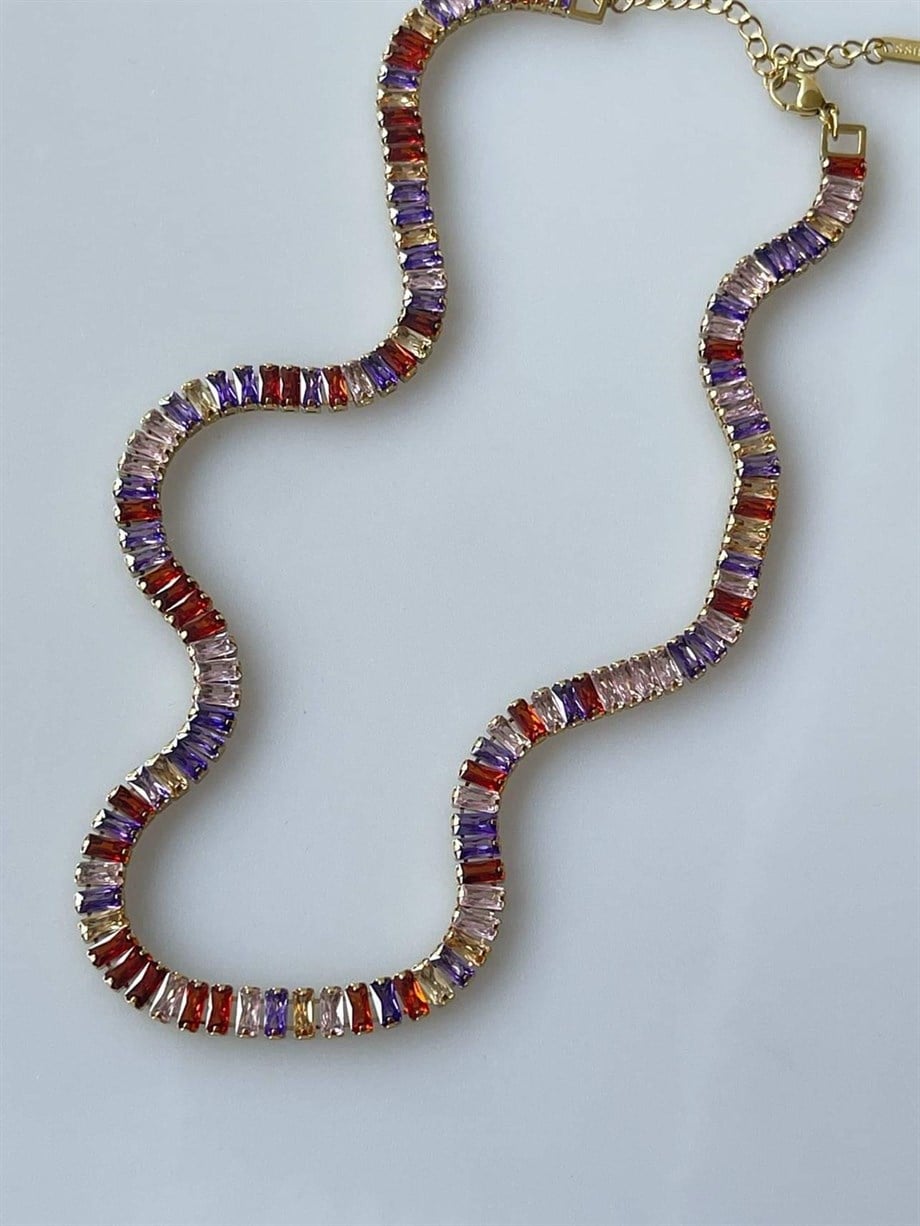 Çelik Renkli Baget Taşlı Kolye (47 Cm)