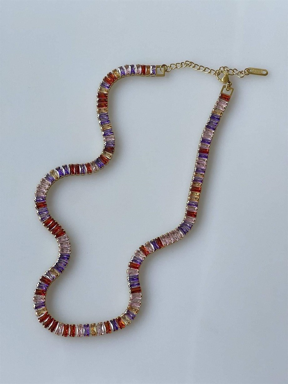 Çelik Renkli Baget Taşlı Kolye (47 Cm)