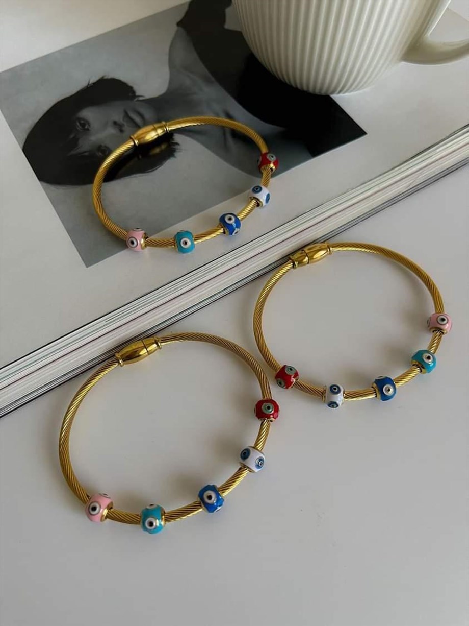 Çelik Renkli Nazar Boncuklu Mıknatıslı Kelepçe Bileklik 