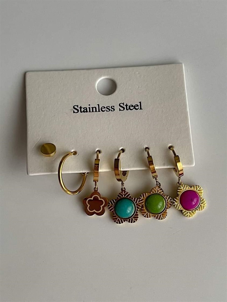 Çelik Renkli Taşlı Altılı Küpe Seti (3 Cm)