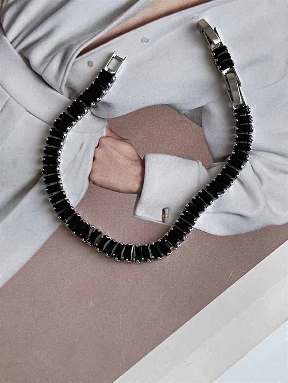 Çelik Siyah Baget Taşlı Bileklik (20 Cm)