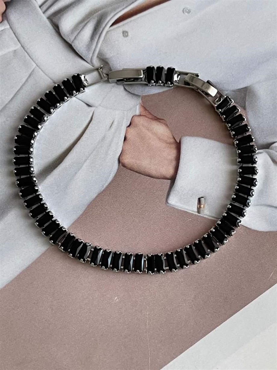 Çelik Siyah Baget Taşlı Bileklik (20 Cm)
