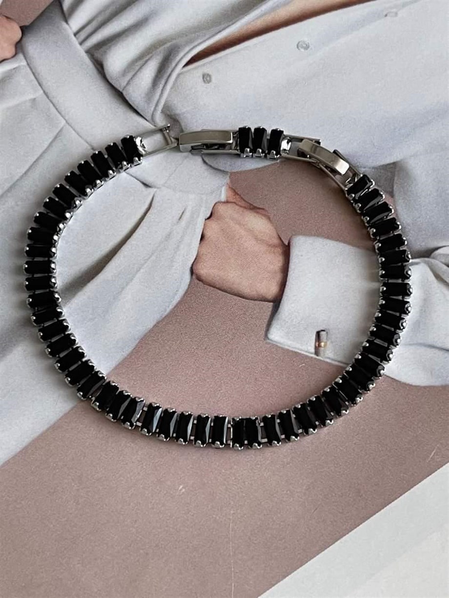 Çelik Siyah Baget Taşlı Bileklik (20 Cm)
