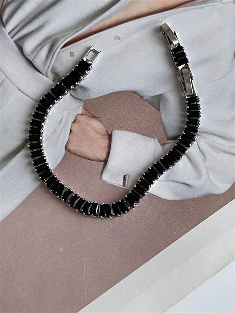 Çelik Siyah Baget Taşlı Bileklik (20 Cm)