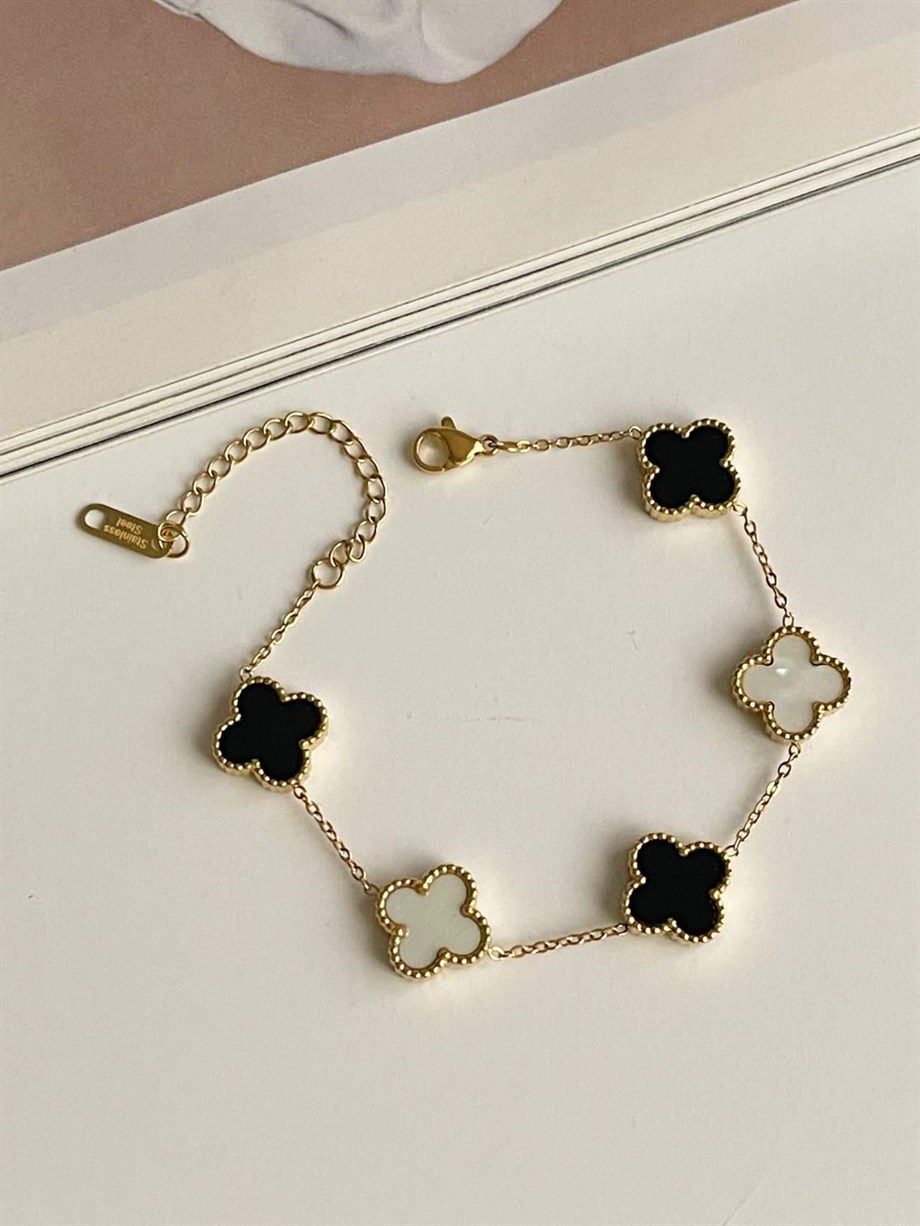 Çelik Siyah Beyaz Van Cleef Bileklik (23 Cm)
