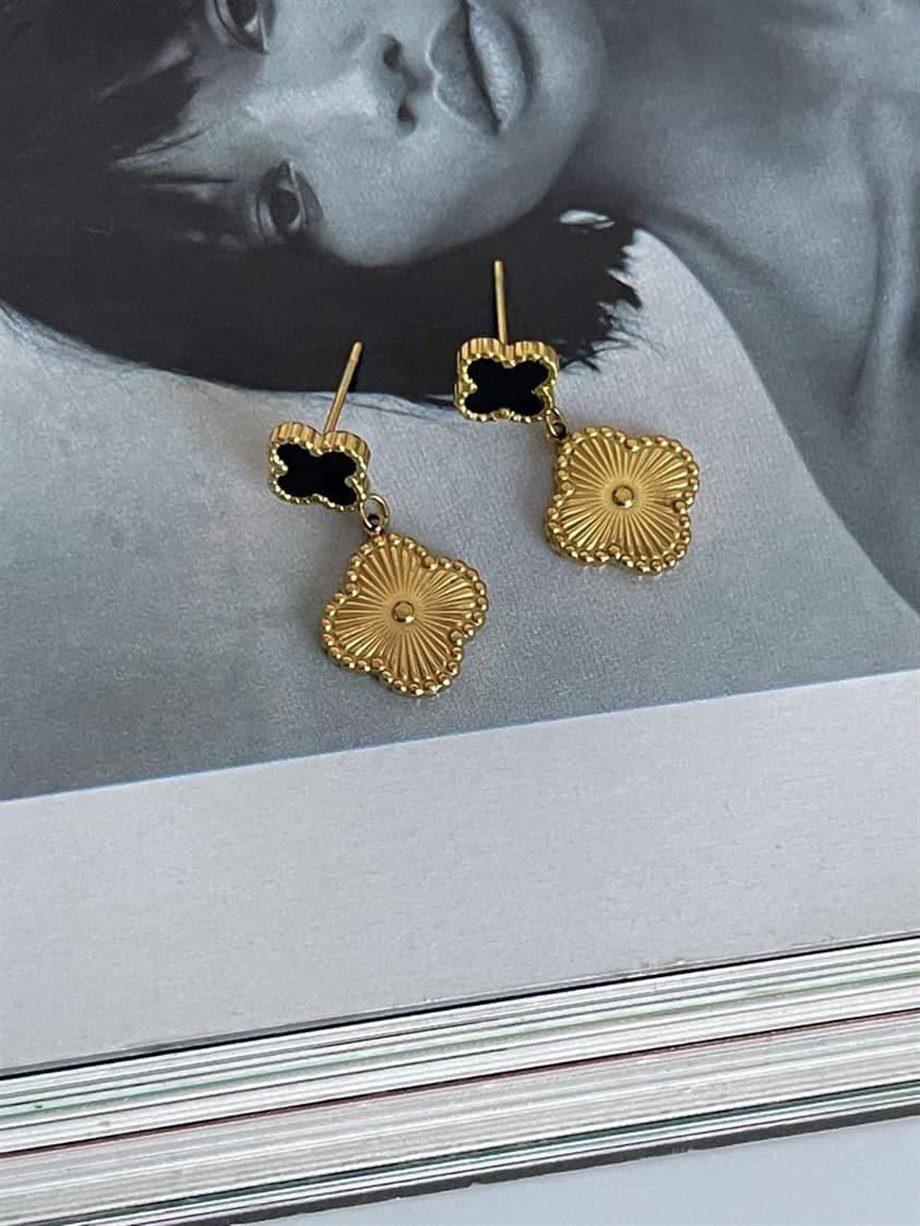 Çelik Siyah Detaylı Van Cleef Küpe (2 Cm)