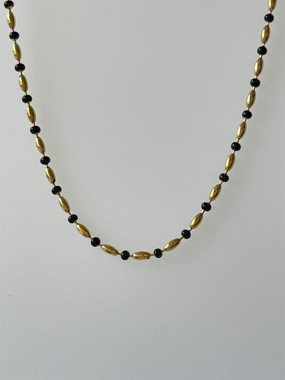 Çelik Siyah Gold Boncuklu Kolye (46 Cm)