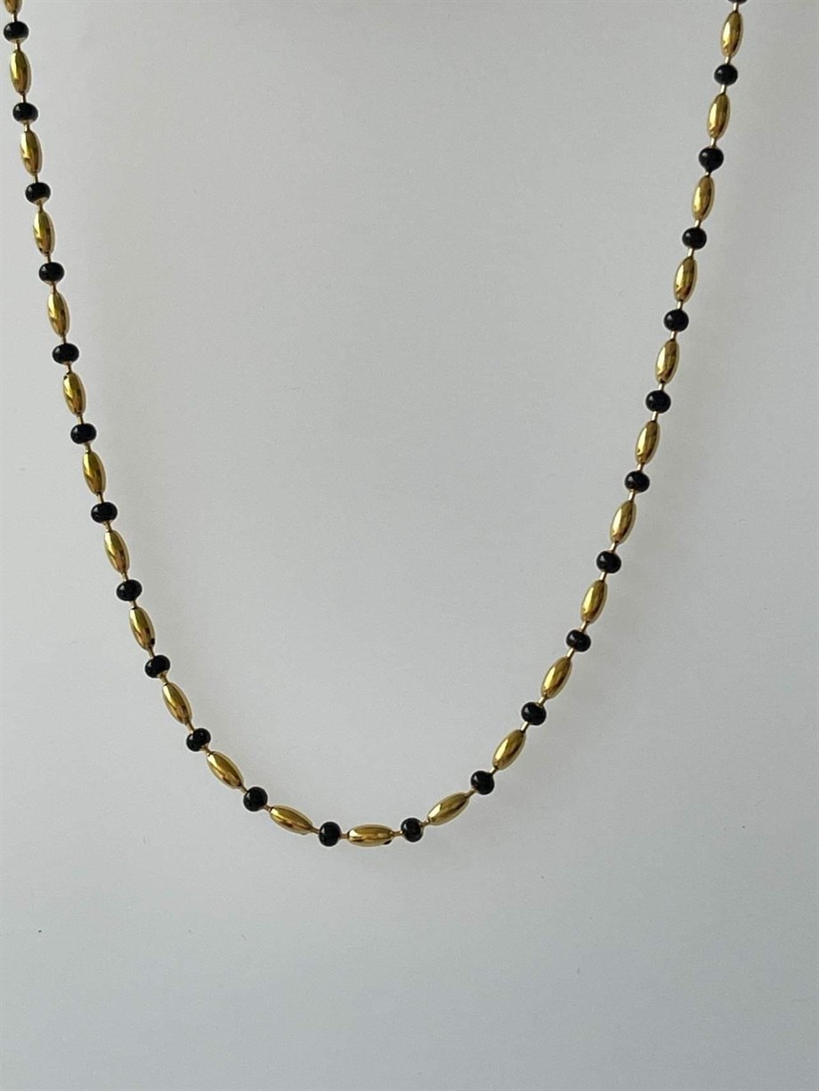 Çelik Siyah Gold Boncuklu Kolye (46 Cm)