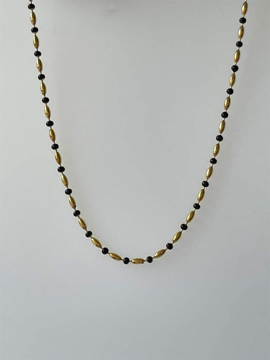 Çelik Siyah Gold Boncuklu Kolye (46 Cm)