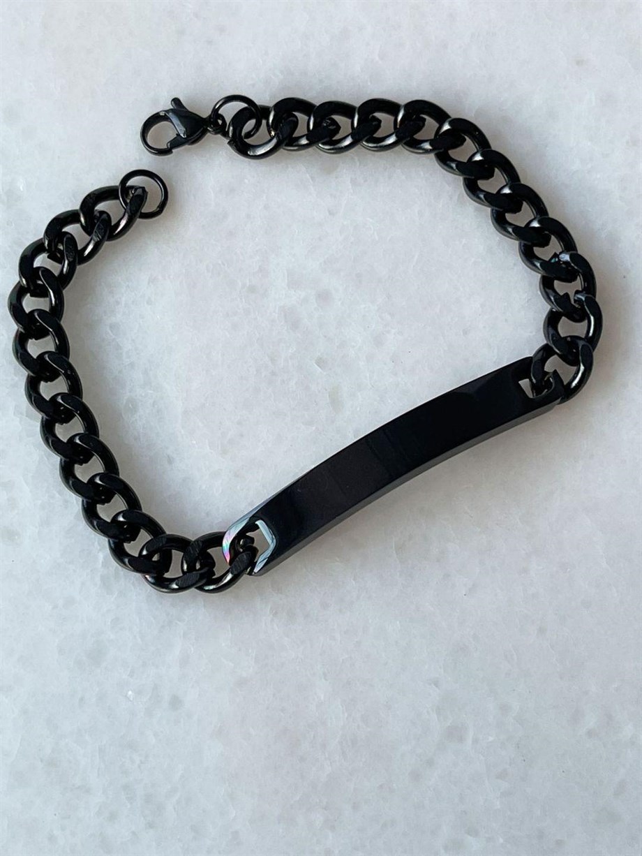 Çelik Siyah İsim Yazdırılabilir Künye Bileklik (21 Cm)