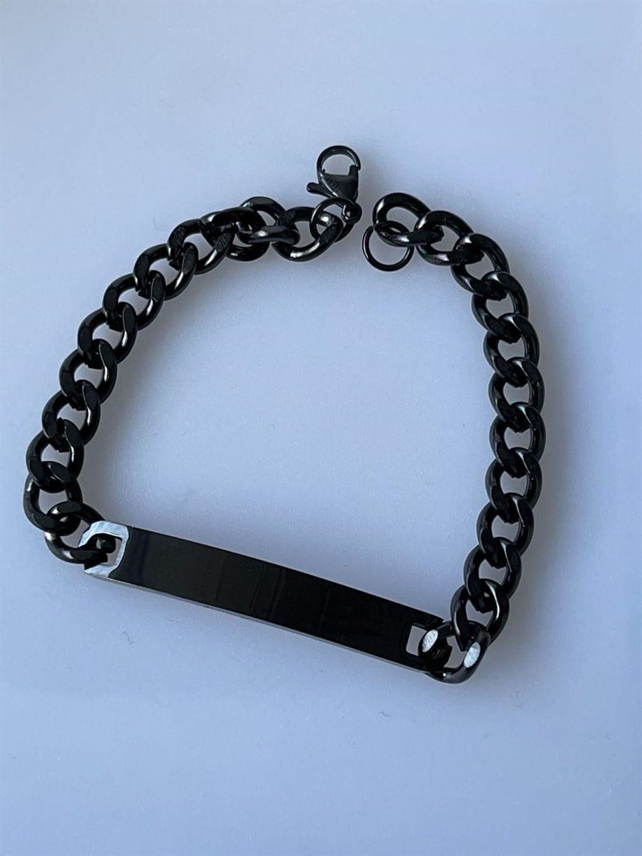 Çelik Siyah İsim Yazdırılabilir Künye Bileklik (21 Cm)