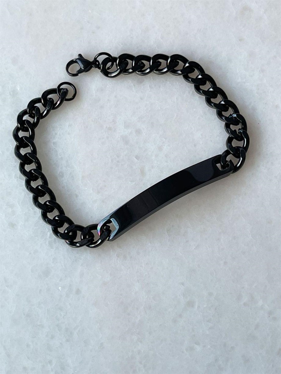 Çelik Siyah İsim Yazdırılabilir Künye Bileklik (21 Cm)