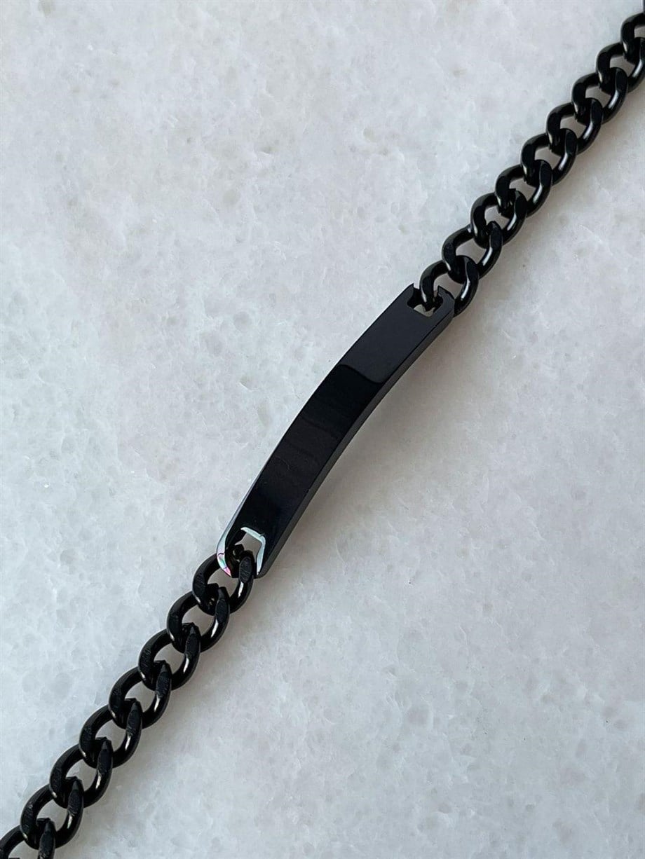 Çelik Siyah İsim Yazdırılabilir Künye Bileklik (21 Cm)