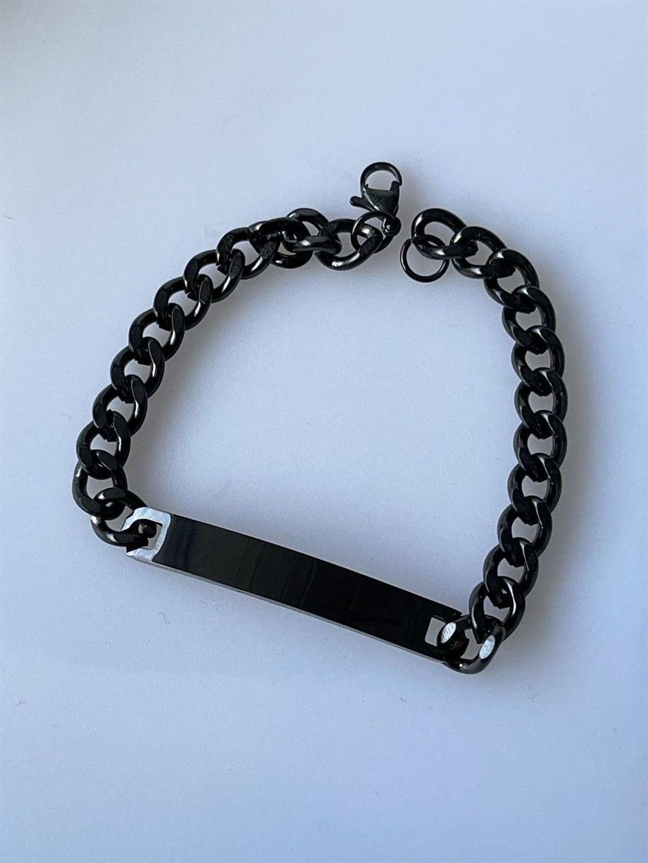 Çelik Siyah İsim Yazdırılabilir Künye Bileklik (21 Cm)