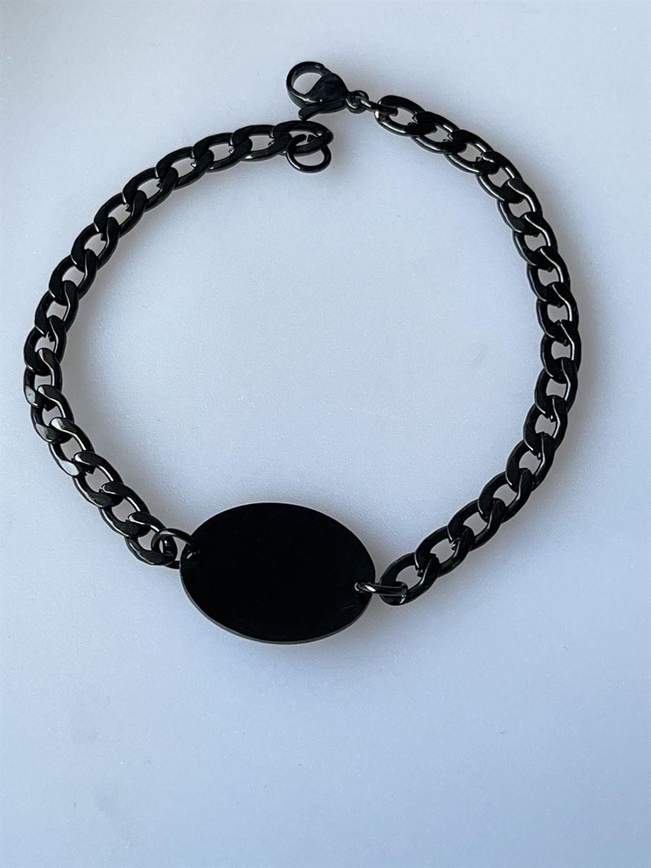 Çelik Siyah İsim Yazdırılabilir Künye Bileklik (21 Cm)
