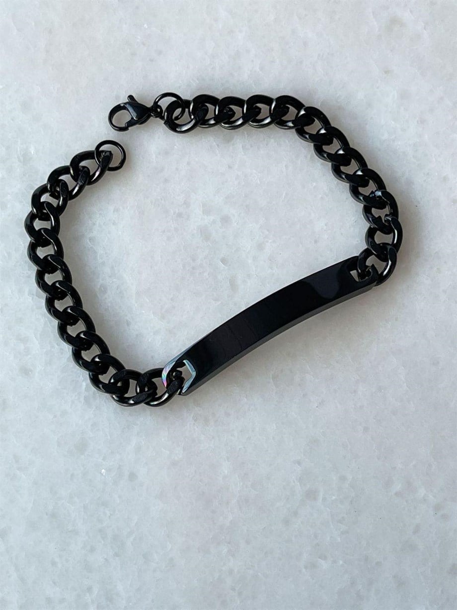 Çelik Siyah İsim Yazdırılabilir Künye Bileklik (21 Cm)